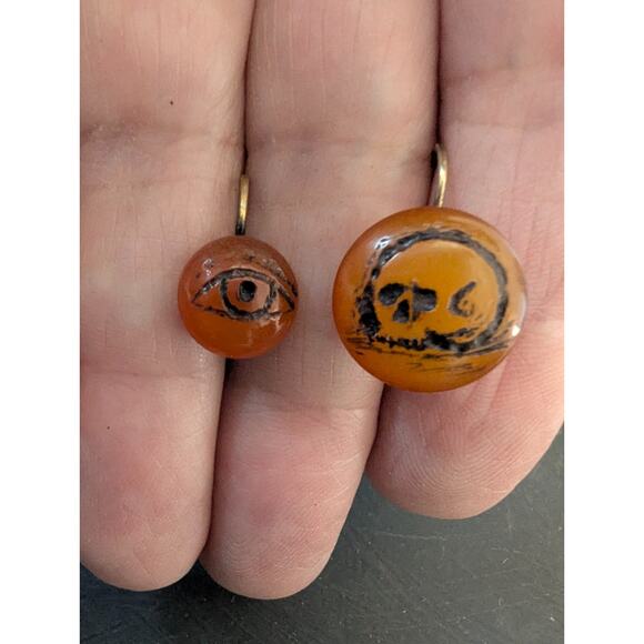 MEMENTO MORI Hand Carved Pair Amber Button Earrings OOAK - Picture 2 of 6